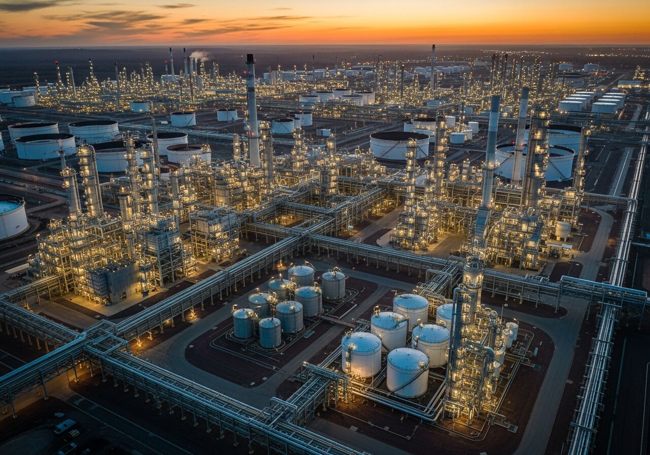 aerial view of an industrial complex at dusk