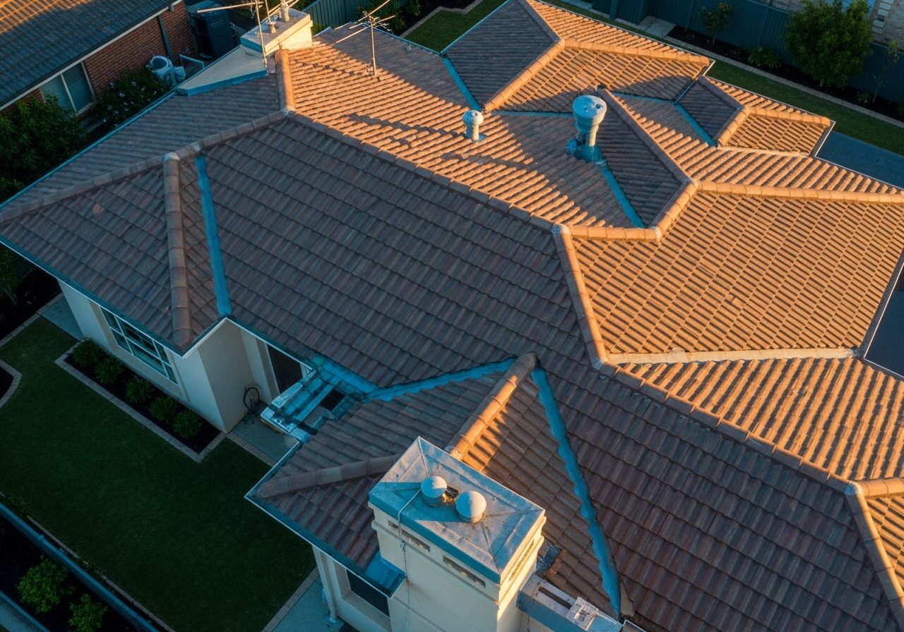 a close aerial view of a suburban australian home roof showing tiles and gutters