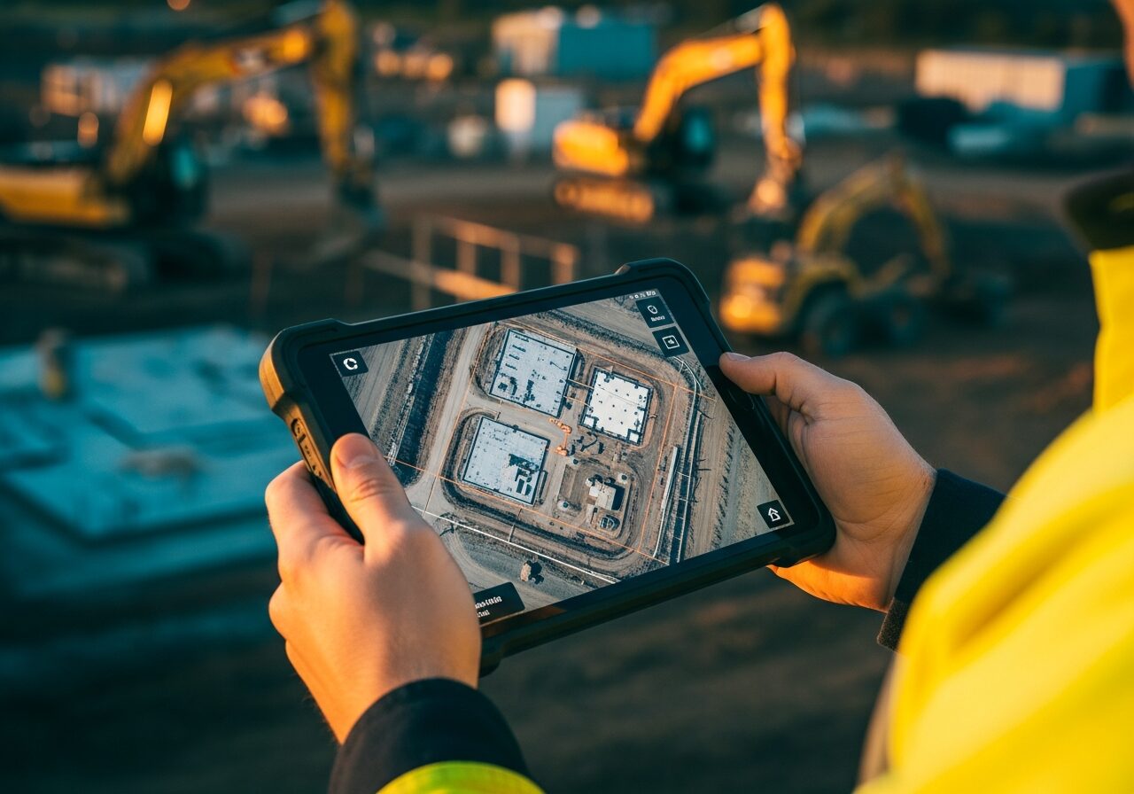 a certified operator reviewing a drone capture on a tablet at an australian building site